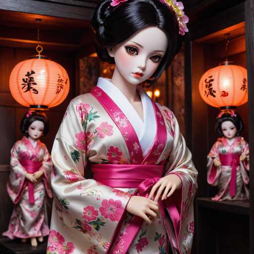This image features a strikingly realistic doll with an uncanny appearance, suggesting it may be AI-generated. The doll has a smooth, almost plastic-like complexion with a pale white skin tone, accentuated by a subtle blush on its cheeks. Its large, expressive brown eyes are framed by delicate eyelashes, and its small mouth is adorned with a hint of red lipstick. The doll's black hair is styled in an elegant updo, with a pink flower adding a touch of color.

The doll is dressed in a traditional kimono, predominantly white with intricate pink floral patterns. A pink sash cinches the waist, adding a pop of color to the ensemble. The background reveals two additional dolls, positioned on either side of the main figure, both similarly adorned in pink sashes and white kimonos with floral designs. The setting is further enhanced by two hanging lanterns, each featuring black Japanese characters, contributing to the cultural ambiance of the scene.