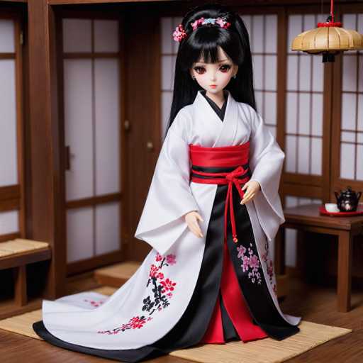 A doll dressed in traditional Japanese clothing stands on a wooden floor, with a table and chair visible behind her. The doll is wearing a white kimono with black accents and red flowers, and has long dark hair styled into an elegant updo.