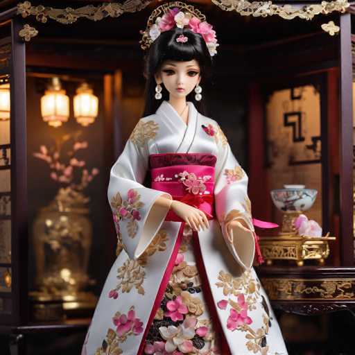 The image depicts a highly detailed, computer-generated doll of an Asian woman, possibly Japanese, dressed in traditional attire. She stands in a room with a dark background, adorned with various elements that enhance the cultural ambiance. The doll has long black hair styled with bangs and wears a pink floral headpiece. Her eyes are brown, and she has pink lips. She is dressed in a white kimono decorated with pink and gold flowers, and a pink sash with a floral design cinches her waist. Her long sleeves feature intricate gold and pink floral patterns. She accessorizes with white, dangling earrings. The doll's right hand is raised, while her left hand rests on a table. The table holds a white bowl with a floral design and a gold base, along with a pink flower. In the background, there is a golden vase with pink flowers, two hanging lanterns, and a wall adorned with Asian writing. The overall scene is richly detailed, capturing the essence of traditional Asian culture.