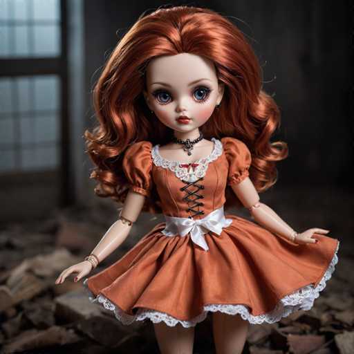 The image depicts a highly detailed, computer-generated doll with long, wavy red hair that cascades down to her waist. She has large blue eyes, a small nose, and red lips, giving her a strikingly realistic appearance. The doll is dressed in a vintage-style orange dress adorned with white lace trim around the neckline and hem. The dress features short sleeves and a corset-like lacing up the front, secured with black strings. A white ribbon bow cinches her waist, adding a touch of elegance. She accessorizes with a black choker necklace that has a small pendant. The doll's arms are posed out to her sides, and she is holding the skirt of her dress with both hands, as if preparing to curtsy. The background is blurred, but it appears to be a dark room with a window on the left side, through which light is streaming in. The floor is scattered with debris, adding to the dramatic setting.