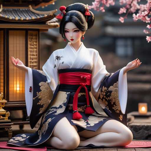 The image depicts a highly detailed, computer-generated or AI-generated illustration of a young woman in traditional Japanese attire, likely a kimono. She is seated in a cross-legged position on a red mat, with her arms extended to her sides and her palms facing upwards. The woman has black hair styled in a bun adorned with red tassels and flowers. Her face is painted with red lipstick, and she wears red earrings. She is dressed in a white kimono with navy blue sleeves and a navy blue skirt, which features intricate gold floral patterns. A red sash with tassels cinches her waist. The background is blurred, but it includes a traditional Japanese building with a curved roof and a glowing lantern, as well as a tree branch with pink flowers in the upper right corner. The overall scene is rich in detail, capturing the essence of traditional Japanese culture.