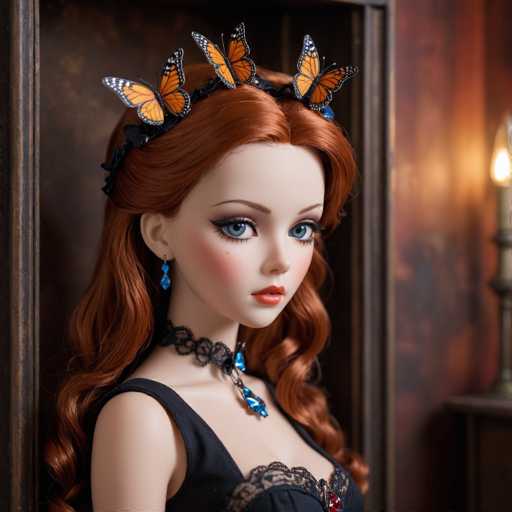 The image depicts a highly detailed, AI-generated doll with striking features. The doll has long, wavy red hair cascading down to her waist and is adorned with a black headband featuring four monarch butterflies. Her large blue eyes are accentuated with black eyeliner, and her cheeks are blushed with a soft pink hue. She wears red lipstick and blue dangling earrings, complementing her black sleeveless dress with a lace collar. Around her neck is a choker necklace with blue gemstones. The doll is positioned in front of a dark brown wooden door, with a lit candle on a table to her right, casting a warm glow. The background is slightly blurred, emphasizing the doll's intricate details and giving the scene a surreal, almost magical quality.