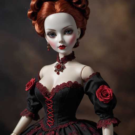 This image features a stunning doll with a fair complexion. She has striking blue eyes and a delicate nose, accentuated by her bright red lips. Her cheeks are adorned with a soft blush, adding a touch of warmth to her face. The doll's hair is a vibrant red, styled into an elegant updo. She is dressed in a black dress with intricate red lace detailing. The dress has a sweetheart neckline and is laced up the front with red thread. The sleeves of the dress are puffy and adorned with red roses, adding a touch of whimsy to her attire. The doll's arms are visible, and she is posed against a backdrop that transitions from a dark gray to a lighter brown, creating a subtle gradient effect.