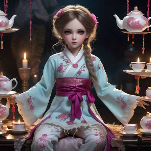 This image depicts a highly detailed, AI-generated illustration of a young girl, approximately 10 years old, seated at a table adorned with various tea-related items. The girl has long, brown hair styled in a braid that drapes over her left shoulder, with pink flowers woven into her locks. She has large, expressive brown eyes and a small, delicate face with pink cheeks and red lips. She is dressed in a light blue kimono adorned with pink flowers, cinched at the waist with a dark purple sash. Her pants match the kimono's floral pattern.

The table in front of her is laden with an assortment of tea items, including teapots, cups, and saucers, all arranged on multiple levels. Some of these items are placed on a pedestal, and a candle in a holder adds to the serene ambiance. The background is dark, highlighting the girl and the tea set, and there is a faint, indistinct figure standing behind her, adding an element of mystery to the scene.