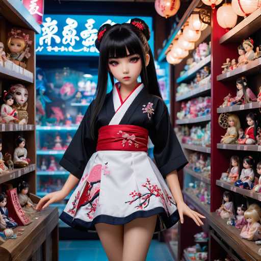 The image depicts a highly detailed, AI-generated doll of a young Asian woman, likely Japanese, standing in a shop filled with dolls. The doll has long, black hair styled with bangs and two buns on either side of her head, adorned with red ribbons. She is dressed in a traditional kimono, predominantly black with a white skirt featuring intricate cherry blossom designs. A red sash cinches her waist, and a red collar accents her neckline. Her eyes are a striking reddish-brown, and she has a small mouth with red lipstick. The doll's skin is very pale, and her arms are extended to her sides. Surrounding her are shelves lined with various dolls, some of which resemble her, and a blue sign with Japanese characters is visible in the background. The shop is illuminated by numerous lights, enhancing the vibrant and detailed setting.