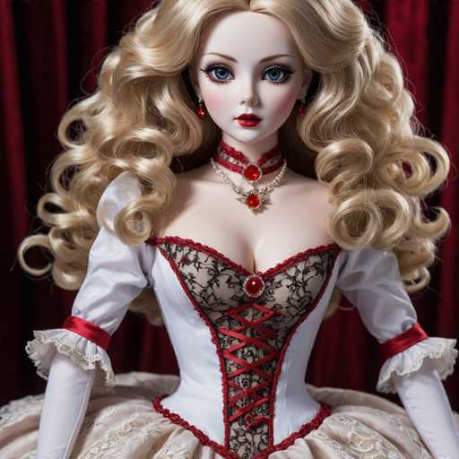 A doll with blonde hair styled in loose curls and wearing a white dress with red lace detailing stands against a red curtain backdrop. The doll is positioned facing the camera directly, with her gaze meeting the viewer's eye.