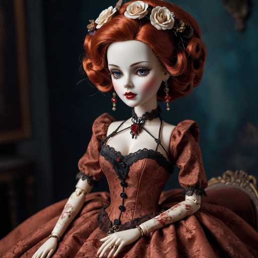 The image depicts a highly detailed, AI-generated doll with striking features. The doll has vibrant red hair styled in a voluminous, curly updo adorned with white roses and other flowers. Her face is characterized by a heart-shaped, pale complexion, blue eyes, and red lips. She wears dangling earrings with red and white beads, and a choker necklace featuring a red rose pendant. The doll is dressed in a Victorian-style, rust-colored dress with black lace trim and buttons, and a black corset-like bodice. The dress has puffy sleeves that taper into black lace at the elbows. Her arms are bent at the elbows, with her hands resting on her lap, showcasing rings on her fingers and red nail polish. The doll is seated on a chair with a gold frame and a red cushion, set against a dark blue background. The overall composition highlights the doll's intricate details and lifelike appearance.