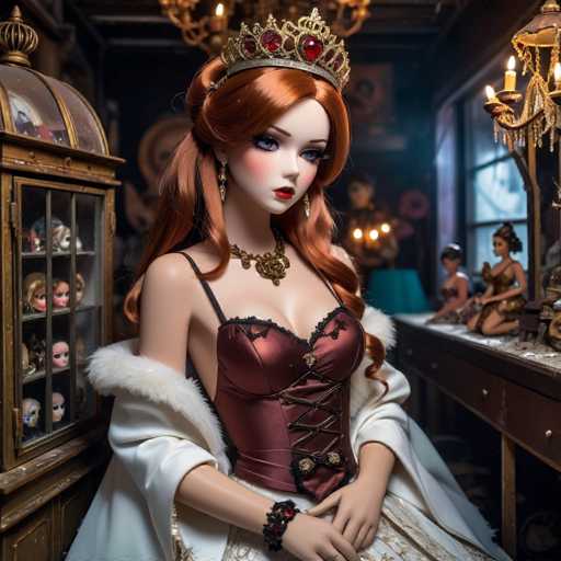 The image depicts a highly detailed, AI-generated doll resembling a ballerina, seated in a dimly lit room. She has long, reddish-brown hair styled in a ponytail and is adorned with a gold crown featuring red jewels. Her striking blue eyes and red lips add to her lifelike appearance. She wears a maroon corset with black lace trim and a white fur-trimmed jacket. Around her neck is a gold necklace, and she has a black bracelet with red jewels on her wrist. The doll's expression is neutral, and she gazes slightly to the right. 

The background is dark, with a chandelier hanging from the ceiling and a window on the right side. To her left, there is a glass display case containing various dolls and heads. On a table to her right, two more dolls are seated, one in a gold dress and the other in a brown dress. The room's ambiance is enhanced by the presence of additional chandeliers and a candelabra, contributing to the overall mysterious and elegant atmosphere.