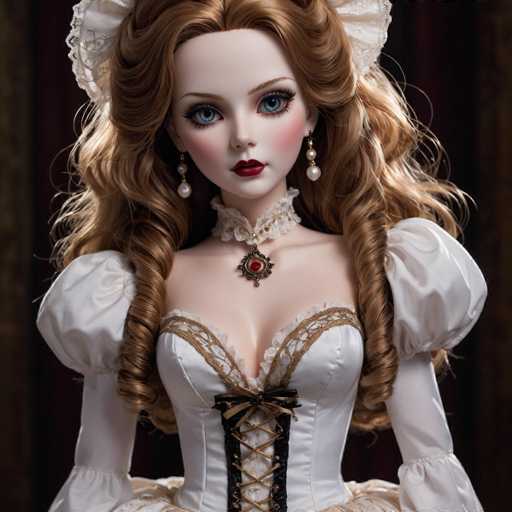 The image features a highly detailed, AI-generated doll with a strikingly realistic appearance. The doll has long, wavy brown hair cascading down to her chest, adorned with a white headband that adds a touch of elegance. Her large blue eyes are accentuated by long eyelashes, and her face is framed by a delicate nose and full red lips. She wears pearl earrings that dangle gracefully from her ears, complementing her fair complexion.

Around her neck, she sports a white choker with a central pendant that features a red gemstone, adding a pop of color to her ensemble. Her attire is a white dress with puffy sleeves that taper down to her wrists, and the dress is intricately designed with a lace collar and a gold trim that runs across her chest. The dress is further embellished with a black corset laced up the front, featuring a black and gold bow at the top, adding a touch of sophistication to her overall look.