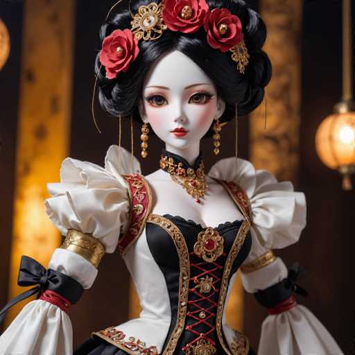 The image depicts a highly detailed, realistic doll that appears to be AI-generated. The doll has an extremely pale complexion, almost giving it a porcelain-like appearance. Its hair is black and styled in a bun, adorned with three red roses. The doll's eyes are a striking brown, and it has red lips and a small nose. It is dressed in a black corset with red laces and gold trim, complemented by white sleeves that are puffy and decorated with black and red bows. The background features a yellowish hue, with a light fixture visible on the right side. The overall composition suggests a blend of traditional and modern elements, creating a captivating and lifelike representation.