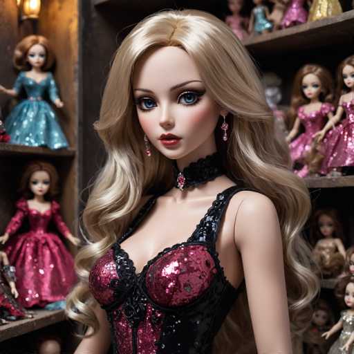 This image features a close-up of a doll with long, wavy blonde hair cascading down to her waist. She has striking blue eyes and is adorned with a black choker that has a pink jewel at its center. Her outfit is a black and purple corset, with the purple sections resembling shiny sequins. The doll's face is meticulously detailed, with red lips and pink blush on her cheeks. She also wears dangling earrings that are pink and purple. The background reveals a collection of other dolls, all female, with various hair colors including brown, blonde, and red. These dolls are dressed in elegant gowns, with several sporting pink dresses and one in a blue dress. The setting appears to be a display, possibly in a store, with the dolls arranged on shelves.