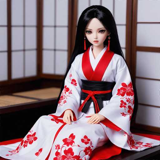 The image features a doll with long black hair, styled to appear as if it were real. She is dressed in a traditional Japanese kimono, predominantly white with red floral patterns adorning the sleeves and lower part of the garment. The kimono is accentuated with a red collar and a black sash tied around her waist, which has red tassels hanging from it. The doll is seated on a red mat, positioned on a black table. Behind her, there is a traditional Japanese sliding door, characterized by its white panels and wooden frame. The doll's facial features include brown eyes, a small nose, and a tiny mouth, giving her a delicate appearance.