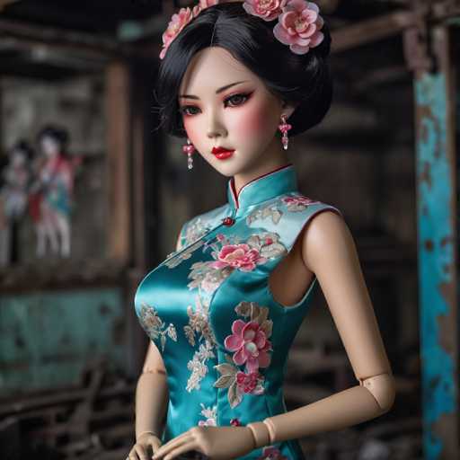 The image depicts a highly detailed, realistic doll of a young Asian woman, possibly in her late teens or early twenties. She has long, black hair styled in a bun adorned with pink flowers. Her face is meticulously made up, featuring heavy eye makeup, red lipstick, and blush on her cheeks. She wears pink earrings that dangle from her ears. The doll is dressed in a shiny, light blue silk top with a high collar, decorated with pink flowers and silver leaves. The top has a single button at the collar and is sleeveless, revealing her arms. The doll's hands are positioned in front of her, with one hand slightly raised. The background is blurred, but it appears to be an old, possibly abandoned building with rusty metal and faded green walls. There are indistinct figures in the background, adding to the eerie atmosphere of the scene.