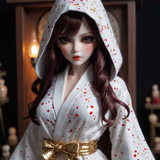 This image features a highly detailed, computer-generated doll with an anime-inspired design. The doll has long, wavy brown hair that cascades down to her chest, partially covering her large, expressive brown eyes. Her face is adorned with a delicate heart-shaped chin, a small nose, and red lips, complemented by a touch of blush on her cheeks. She is dressed in a white robe that is open at the chest, revealing a hint of her skin. The robe is cinched at the waist with a gold belt that features a prominent bow tie. The robe itself is decorated with red and gold specks, adding a touch of elegance to her attire. She wears a matching white hood that drapes over her head, also embellished with red and gold specks. The background is a dark, almost black, which makes the doll's features and attire stand out vividly. Behind her, there is a wooden structure with a light fixture, and to the right, a shelf displaying various items, adding depth and context to the scene.