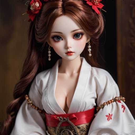 The image shows a doll with long brown hair wearing a white kimono and red sash around her waist. The doll is positioned against a dark background, which contrasts with the light-colored outfit she's wearing. She has a serious expression on her face as if posing for the camera.