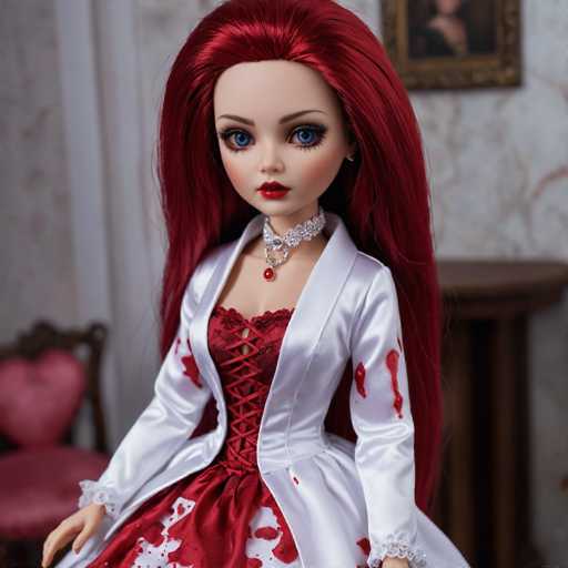 This image features a striking doll with an elongated face and large, expressive blue eyes. Her lips are painted a vivid red, and her long, flowing hair is a deep burgundy-red hue. She is adorned in a white jacket over a red corset, which is laced up the front. The corset is complemented by a white skirt, also laced up, and a choker necklace with a red pendant. The doll's hands are visible, adding to her lifelike appearance. In the background, there is a white wall with a framed picture, a brown table, and a pink chair with a brown frame. The doll's gaze is directed straight at the viewer, creating an engaging and somewhat eerie presence.