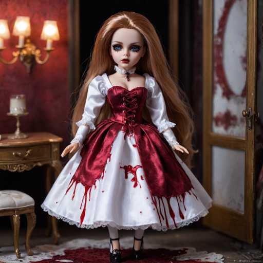 The image depicts a hauntingly beautiful doll with long, flowing red hair cascading down to her waist. Her striking blue eyes and red lips add to her captivating appearance. She is dressed in a Victorian-style gown, featuring a white skirt adorned with red blood-like stains and a red corset laced up the front. The sleeves of her dress are white with lace detailing at the cuffs. Around her neck, she wears a delicate white choker with a black pendant. The doll stands on a white rug, which is also splattered with red, resembling blood. Behind her, a red wall serves as the backdrop, with a chandelier hanging from the ceiling. To her left, there is a wooden table with a candle, and to her right, an open door with a window that is also stained with red. The overall scene is eerie and unsettling, with the doll's pristine appearance contrasting sharply against the crimson surroundings.