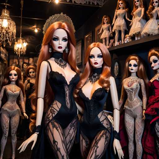 The image depicts a room filled with numerous dolls, predominantly featuring two central dolls with strikingly similar appearances. These dolls have long, wavy red hair cascading down to their waists, blue eyes, and red lips. They are dressed in black corsets with lace details and sheer black stockings, and they wear black chokers adorned with lace. The doll on the left is distinguished by a gold crown, while the one on the right has a black choker with a silver pendant. Surrounding these central figures are several other dolls, each with unique attire and features. To the right, a doll in a red dress stands out, while another doll to the left wears a white dress with a black corset. In the background, more dolls are visible, some with red hair and others with brown, all sharing the same blue eyes and red lips. The room itself is dimly lit, with a chandelier hanging from the ceiling, casting a soft glow over the scene.