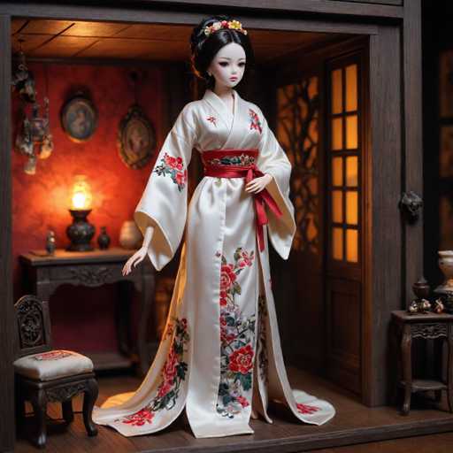 The image shows a doll wearing an ornate white kimono with red and green floral patterns on the sleeves and skirt. The doll is standing against a wooden wall backdrop that features a window and a door. A vase of flowers can be seen in the background.