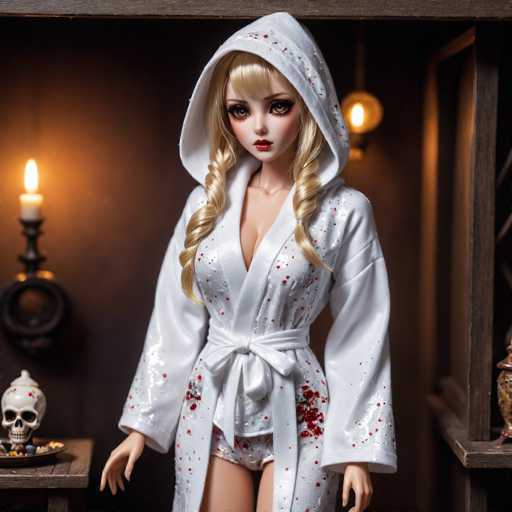 The image depicts a highly realistic doll, possibly AI-generated, with lifelike features. She has long, blonde hair styled in two curls that frame her face, and her large brown eyes are accentuated with heavy makeup, including red lipstick. The doll is dressed in a white bathrobe adorned with red and black dots, tied at the waist, and paired with matching panties. The bathrobe is open at the front, revealing her legs. The setting appears to be a dark room, with two lit candles on either side of her, casting a warm glow. To her left, there is a small table holding a skull figurine, while to her right, a shelf displays an owl figurine. The background features a dark brown wall with a light fixture, adding to the eerie ambiance.