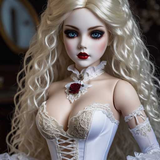 This image features a highly detailed, AI-generated doll with an uncanny valley appearance. The doll has long, wavy blonde hair parted in the middle, cascading down to her waist. Her face is strikingly pale with a porcelain complexion, accentuated by bright blue eyes, dark red lips, and a touch of blush on her cheeks. She is adorned in a white corset with intricate lace detailing and a red rose brooch at the center of her chest. The corset is laced up in the front, and she wears long white gloves that extend up to her biceps. The doll's expression is neutral, and she gazes directly at the viewer. The background is dark and blurry, with an indistinct oval-shaped object in the upper left corner, possibly a mirror or a clock. The overall image has a slightly grainy quality, enhancing the eerie, surreal atmosphere.