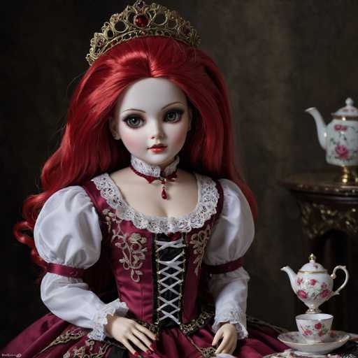The image depicts a highly detailed, realistic-looking doll with long, flowing red hair adorned with a gold crown studded with red jewels. The doll's face is painted white with striking blue eyes, long eyelashes, and red lips, complemented by rosy cheeks. She is dressed in an elaborate, old-fashioned Victorian-style dress featuring a burgundy bodice with intricate gold embroidery and white lace trim. The dress has puffy white sleeves with burgundy accents and a corset-like front with white lacing. A red lace choker with a dangling red jewel adorns her neck. The doll is seated on a chair, with her hands resting on her lap, and she gazes directly at the camera. To her right, there is a small table with a white teapot and a matching teacup placed on a saucer, both decorated with pink flowers and gold trim. The background is a dark brown, adding to the overall vintage and elegant atmosphere of the scene.