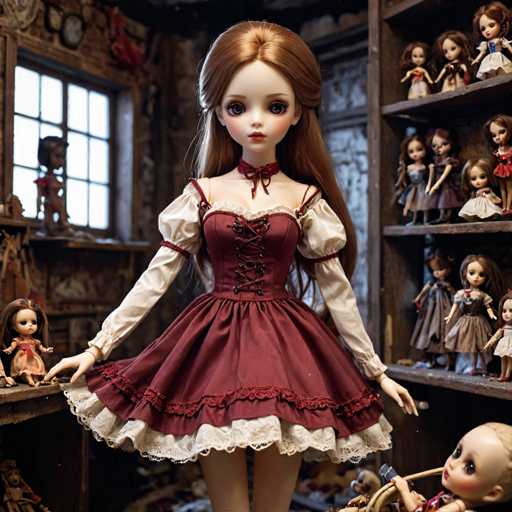 The image depicts a highly detailed, AI-generated doll with long, reddish-brown hair styled in a braid. She has large, expressive blue eyes, a small nose, and red lips. The doll is dressed in a Victorian-style, burgundy dress with white lace trim at the bottom and puffy sleeves. A red ribbon adorns her neck, adding to her elegant appearance. She stands in a room filled with numerous other dolls, all of which share similar features, suggesting they are part of the same AI-generated collection. The room has a window on the left side, through which daylight streams, illuminating the scene. The background includes a wooden shelf on the right, holding more dolls, and a white wall with a brown door. The overall setting gives the impression of a dollhouse or a collection display area, with the central doll as the focal point.