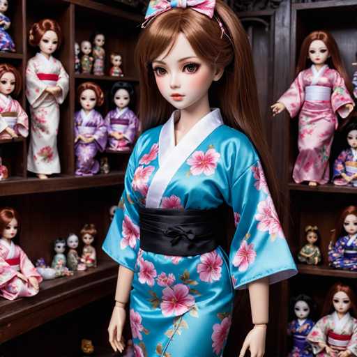 A doll with long brown hair wearing a blue kimono adorned with pink flowers stands on a shelf filled with other dolls and figurines. The doll is positioned in front of a wooden cabinet that houses an array of dolls dressed in traditional Japanese clothing.