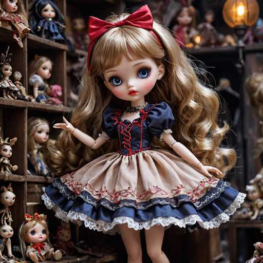 The image depicts a highly detailed, realistic-looking doll with long, curly blonde hair adorned with a red bow. She has large blue eyes, red lips, and is dressed in a blue dress with red accents, including a red bow at the top. The dress features a beige skirt with blue and white frills at the bottom. The doll is posed with her left hand raised and her right hand extended to the side. She stands in a room filled with numerous other dolls of various sizes and colors, all placed on shelves and tables in the background. The setting appears to be a dollhouse or a collection display, with a warm, yellow light illuminating the scene from the top right corner. The overall image is square-shaped, capturing the intricate details of the main doll and her surroundings.