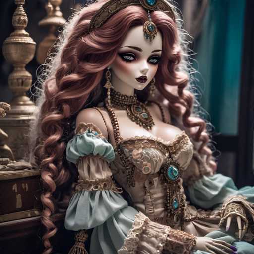 This image features a striking doll with long, curly red hair cascading down her back. She is adorned with a gold headband that has a blue jewel at its center, from which a chain dangles, ending in a circular medallion also embellished with a blue jewel. Her pale skin contrasts beautifully with her vibrant hair, and she wears dark red lipstick that accentuates her large, expressive eyes. The doll is dressed in an elaborate gown that combines shades of blue and brown, with a low-cut neckline that reveals a hint of cleavage. The sleeves of her dress are puffy and blue, adding to the intricate detailing of her attire. Around her neck, she wears a thick, ornate necklace that features a large circular medallion, also adorned with a blue jewel. The background is slightly blurred, but a gold statue can be seen on the left side, adding a touch of grandeur to the scene.