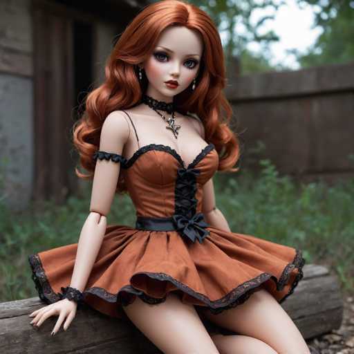 A highly detailed photograph captures a doll seated on a wooden log in a backyard setting. The doll, with long, wavy red hair cascading past her shoulders, is dressed in a striking orange dress adorned with black lace trim. The dress features a low-cut neckline, a black bow at the center, and a black belt cinching her waist. Around her neck, she wears a black choker necklace with a star pendant. Her pale skin contrasts with her vibrant red lips, and she gazes directly at the camera with large blue eyes. The doll's arms are posed in a relaxed manner, with her hands resting on the log. In the background, a wooden fence and lush greenery frame the scene, adding to the serene and picturesque atmosphere.