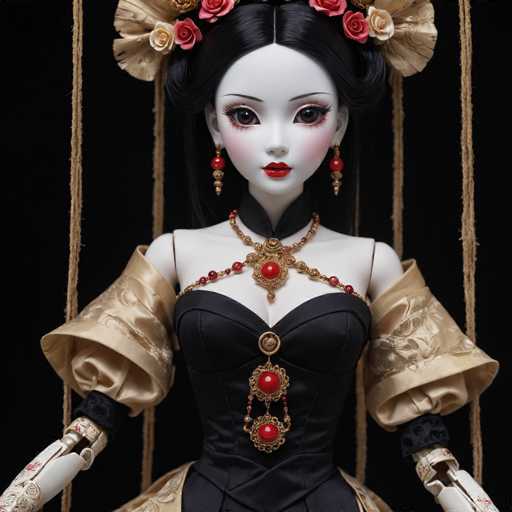 A doll with black hair and red lips is posed on a mannequin against a stark black background. The doll wears a gold dress adorned with intricate designs and a large red headpiece. A gold necklace and earrings are also part of the doll's attire.