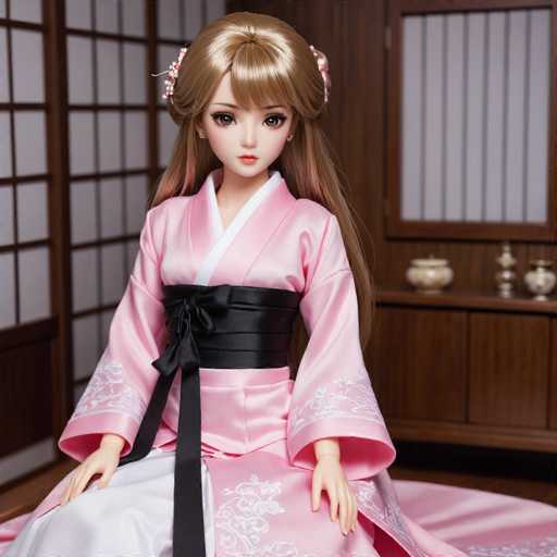 The image depicts a highly detailed, computer-generated doll resembling a young woman. She has long, light brown hair styled with bangs and is adorned with a pink and white floral barrette on the left side of her head. Her hair cascades down her back, with some strands tucked behind her ears. The doll's large, expressive brown eyes are accentuated by long eyelashes, and she has a small, delicate nose and mouth.

She is dressed in a pink kimono with a white collar and intricate white floral embroidery along the sleeves and bottom hem. A black sash is tied around her waist, with the ends hanging down. The doll is seated on a wooden floor, with her hands resting on her legs. 

In the background, there is a brown cabinet with a shelf displaying three gold vases. To the left, a brown door with a white screen is visible. The overall scene exudes a serene, traditional Japanese aesthetic.