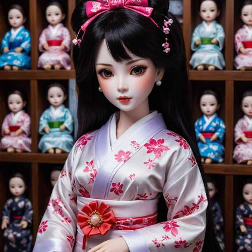 The image features a close-up of a doll with long black hair adorned with a pink bow and floral decorations. She has large brown eyes, red lips, and is wearing a white kimono decorated with pink flowers. A prominent red flower with a gold center embellishes her waist. The doll's face is painted with white makeup, giving her a pale complexion. Behind her, a wooden shelf with three levels displays numerous smaller dolls, each dressed in various kimono colors such as blue, pink, and green. The background dolls are arranged in a grid-like pattern, creating a visually appealing contrast with the main doll in the foreground.