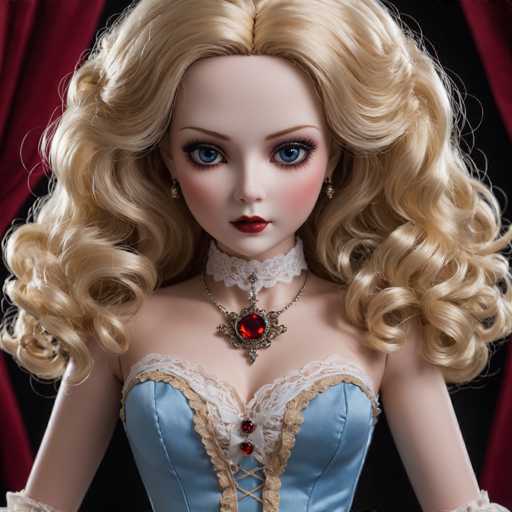 This image features a close-up of a doll with strikingly realistic human-like features. The doll has long, wavy blonde hair cascading down both sides of her face, with a middle part that adds to her lifelike appearance. Her large blue eyes are accentuated by dark eyeliner, and her cheeks are adorned with a soft pink blush. Her lips are painted a deep red, adding to her realistic charm. The doll is dressed in a light blue corset, which is intricately detailed with lace trim and lace buttons. A delicate lace choker sits around her neck, complementing the corset. Around her neck, she wears a necklace with a prominent red jewel, adding a touch of elegance to her ensemble. The background of the image is a deep black, with a hint of red curtains on either side, framing the doll beautifully.