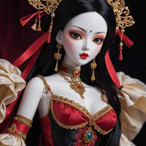The image depicts a highly detailed, AI-generated doll with an Asian appearance, characterized by her pale white skin and striking features. She has long, black hair adorned with a gold headpiece that features red tassels and beads. Her eyes are large and blue, accentuated with heavy eye makeup, including orange eyeshadow and black eyeliner. A red dot, possibly a bindi, is centered on her forehead. She wears long, dangling gold earrings with red beads and tassels, and a matching choker necklace with a prominent red jewel. Her attire is a red and black corset-style dress with gold trim, puffy sleeves, and a large blue jewel hanging from the center. The doll's overall appearance is very realistic, with a smooth, almost plastic-like texture, and she is set against a black background.