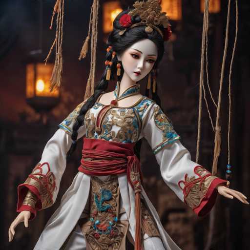 The image depicts a highly detailed, computer-generated doll of a young Asian woman, possibly Japanese or Chinese, dressed in traditional attire. She has long black hair styled in a braid that drapes over her right shoulder, adorned with red flowers and a golden ornament. Her face is painted white, with striking red lips and eyes, and she wears long, dangling earrings. She is dressed in a white gown with intricate blue and gold embroidery, featuring a red sash around her waist and a red tie at the front. The sleeves of her gown are white with gold and red trim. The background is dark, with a blurred, orange-lit lantern hanging on the left side, adding a warm glow to the scene. The doll's hands are positioned at her sides, and she gazes slightly downward, giving her a serene expression.