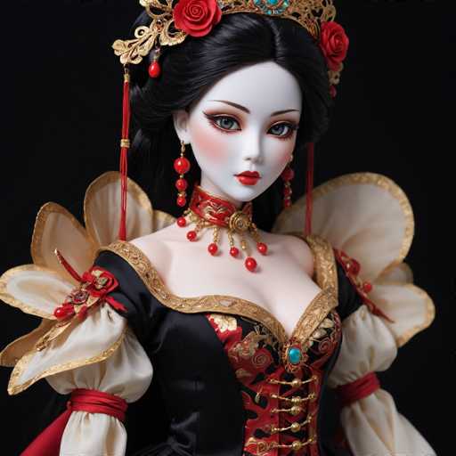The image depicts a highly detailed, computer-generated or AI-generated doll of a young woman with an Asian appearance, set against a black background. She has long, dark black hair styled in a bun, adorned with a gold crown featuring red roses and tassels. Her face is strikingly pale with heavy makeup, including dark red lipstick, blue eyes, and red blush on her cheeks. She wears long, dangling red earrings and a red choker necklace with gold accents and hanging red beads. Her dress is elaborate, with a black bodice featuring a gold trim and a low-cut neckline, complemented by a red corset with gold buckles and a turquoise gem. The dress's sleeves are white with gold trim and red bands around the elbows, and it has a puffy, floral design. The overall aesthetic is reminiscent of a geisha or a character from a fantasy game, with a blend of traditional and ornate elements.