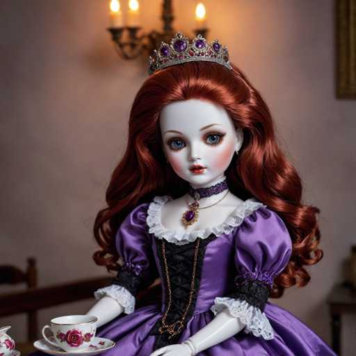 This image features a close-up of a highly detailed, realistic-looking doll with striking features. The doll has long, wavy red hair cascading down to her waist, and her face is painted white with blue eyes, red lips, and a touch of blush on her cheeks. She wears an elaborate silver crown adorned with purple jewels, and a purple choker necklace with a large purple pendant. Her dress is a rich purple color with black accents, including a black corset-like bodice and black trim at the sleeves and collar. The sleeves are puffy and end in white lace. The doll is holding a white teacup with a red rose design on the saucer. The background is slightly blurred, showing a white wall, a chandelier with candles, and a glimpse of a wooden chair and table. The overall scene exudes a sense of elegance and sophistication, reminiscent of a classic dollhouse setting.