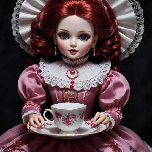 A doll with red hair and a pink dress is holding a white teacup adorned with pink flowers on a saucer against a black background.