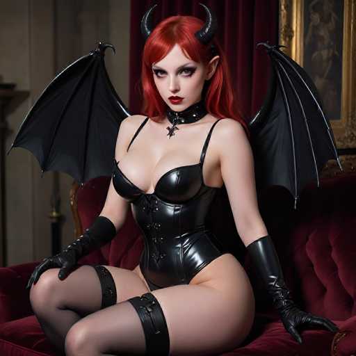A striking AI-generated image depicts a woman with vibrant red hair, styled in a way that accentuates her bold appearance. She is adorned with black horns protruding from her head and has pointed ears, adding a fantastical element to her look. Her attire is a revealing black leather corset that highlights her ample chest, paired with thigh-high black stockings that add to her provocative ensemble. She sits confidently on a red velvet chair, her long black gloves extending up to her biceps, with her right hand resting on her knee and her left hand placed on the chair's armrest. The background features a red velvet curtain and a gold-framed painting, enhancing the luxurious and somewhat sinister ambiance of the scene. The woman's intense gaze is directed straight at the viewer, creating a powerful and captivating visual impact.