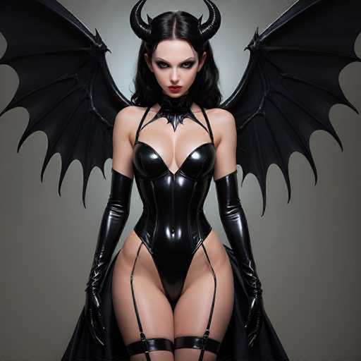 This image features a strikingly realistic AI-generated depiction of a woman with dark, shoulder-length hair. She is adorned with two prominent horns protruding from her forehead, adding a mythical element to her appearance. Her attire is a form-fitting, black leather corset that accentuates her figure, complemented by long gloves that extend up to her biceps. The corset is designed with thin straps that run over her shoulders and down to her thighs, where they are secured with black straps. Her legs are visible, and she appears to be wearing thigh-high stockings, though the image cuts off at her knees, obscuring the full length. Adding to her dramatic look, she has a cape draped behind her, and large, black bat-like wings extend from her back, completing her imposing and fantastical ensemble.