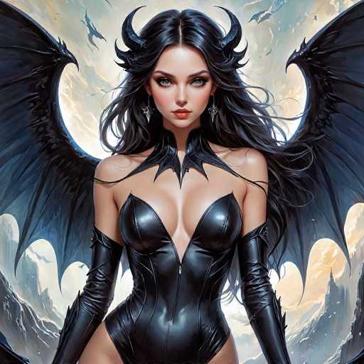 The image depicts a woman with long dark hair and large wings, dressed in black leather attire that includes a corset and gloves. She is standing against a backdrop of mountains and clouds, suggesting an outdoor setting or perhaps a fantasy world. The woman's pose and the surrounding elements create a sense of mystery and intrigue.
