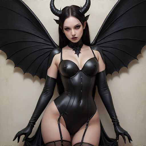 A striking image features a woman adorned in a sleek, black leather bodysuit that accentuates her figure. The bodysuit is designed with a daring cutout at the crotch, revealing her thighs, and is complemented by black garter stockings. Her ensemble is completed with long, black gloves that extend up to her biceps. The woman's long, dark hair cascades down her back, and she sports a pair of small, black horns protruding from her forehead. Adding to her devilish allure, she has pointed ears reminiscent of a demon. She stands against a stark white wall, her hands resting on either side of her. Notably, her left hand appears to have six fingers, while her right hand has four, adding an unusual and intriguing element to her appearance.