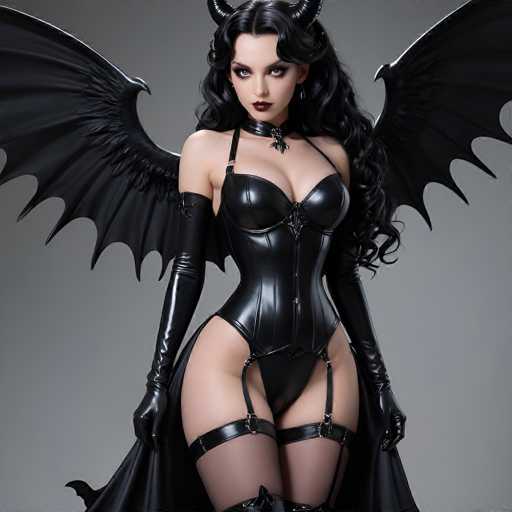 The image depicts a striking woman with long, wavy black hair cascading down her back. She is adorned in a sleek, black leather corset that accentuates her figure, paired with matching black stockings. Her ensemble is completed with elegant black gloves that extend up to her elbows. A dramatic black cape drapes behind her, adding to her imposing presence. Notably, she has large, bat-like wings extending from her back, enhancing her otherworldly appearance. Her lips are painted a deep, dark red, and she wears a choker necklace with a pendant that adds a touch of mystery to her look. The woman's gaze is directed downward, and her eyes are accentuated with heavy eye makeup, giving her a captivating and enigmatic expression.