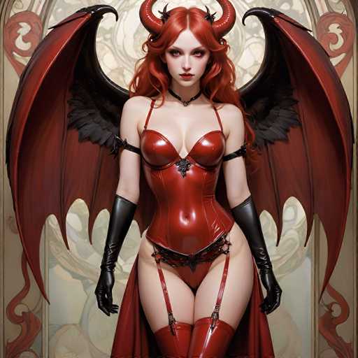 This image features a strikingly beautiful woman with long, flowing red hair cascading down her back. She is adorned with devilish horns protruding from her forehead, adding a touch of mystique to her appearance. Her attire is a form-fitting, red leather bodysuit that accentuates her figure, complemented by thigh-high boots and garters that add to her allure. She wears long black gloves that extend up to her biceps, enhancing her dramatic look. Her eyes are a mesmerizing shade of red, and her lips are painted a bold red, matching her fiery hair. She has a pale complexion that contrasts beautifully with her vibrant features. Large, majestic red wings with black feathered edges extend from her back, completing her devilish ensemble. The background is a muted gray, which serves to highlight her vivid presence even more.