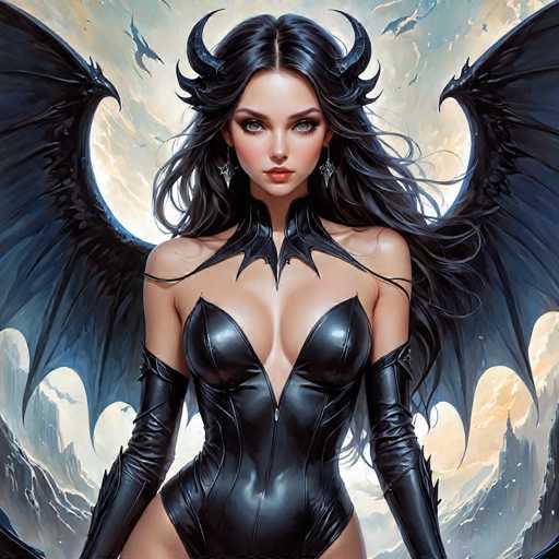 This detailed illustration depicts a striking female character with long, flowing black hair adorned with two prominent horns on either side of her head. She is dressed in a sleek, black leather bodysuit that accentuates her figure, particularly highlighting her large breasts and long, slender legs. The bodysuit features a deep neckline that plunges between her breasts, and it is complemented by long gloves that extend up to her biceps. Her face is framed by large, expressive gray eyes and a small, red mouth, giving her a captivating appearance. She also wears distinctive earrings shaped like bat wings. 

The character is set against a dramatic backdrop of a dark, cloudy sky, with a large, luminous moon partially obscured by her hair. Surrounding her are imposing black wings, adding to her formidable presence. In the distance, a mountainous landscape with jagged peaks and valleys stretches out, with additional bat-like creatures soaring through the air. The overall scene exudes a sense of mystery and power, emphasizing the character's otherworldly nature.