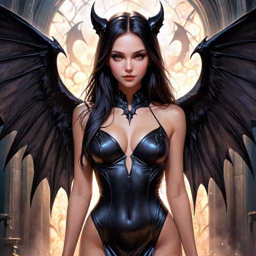 The image depicts a highly detailed, computer-generated or AI-generated artwork of a young woman with long, dark black hair and striking brown eyes. She is adorned with small, black devil horns on her head and has large, black bat-like wings extending from her back. The woman is dressed in a tight, black leather bodysuit that accentuates her figure, featuring a zipper that runs up to her neck and a string on the left side. The bodysuit is designed with cutouts around the thighs, revealing her legs. She stands in a confident pose, looking directly at the viewer. The background showcases a grand, cathedral-like setting with a large, circular stained glass window behind her, through which light streams, illuminating the scene. The overall atmosphere is dark and gothic, with the woman's intense gaze adding to the dramatic effect.