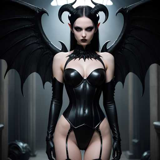 A woman with long dark hair and large horns is standing in a dimly lit room, wearing a corset and leather gloves. She has a serious expression on her face as she gazes directly at the camera.