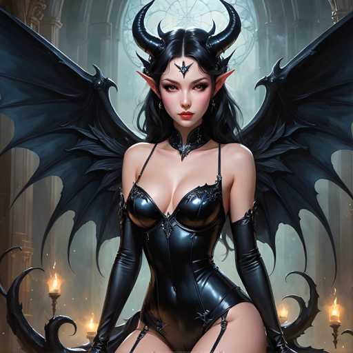 A woman with black hair and wings is depicted wearing a black leather outfit that includes a corset and a headdress adorned with horns. She is seated on a throne, which is surrounded by candles. The background features a dark blue color scheme with a window in the top right corner of the image.